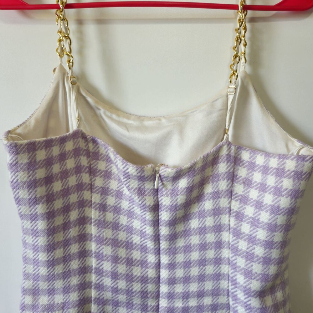 GUESS Caroline Tweed Mini Dress Purple Gingham Chain Strap Size 6 Chic - Picture 7 of 16